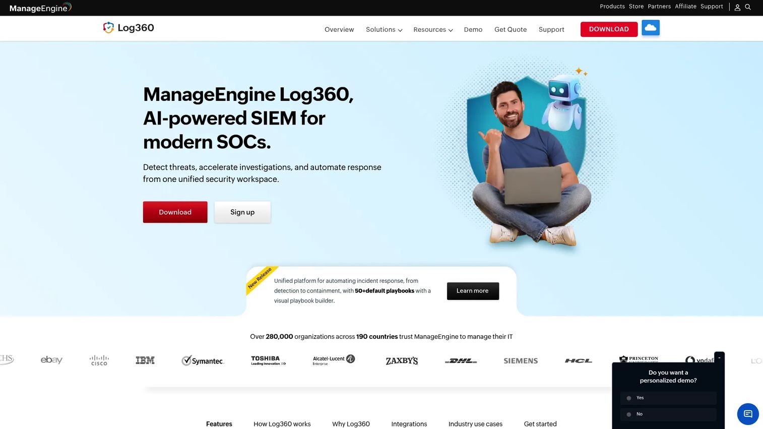 ManageEngine Log360 dashboard for log management and identity monitoring
