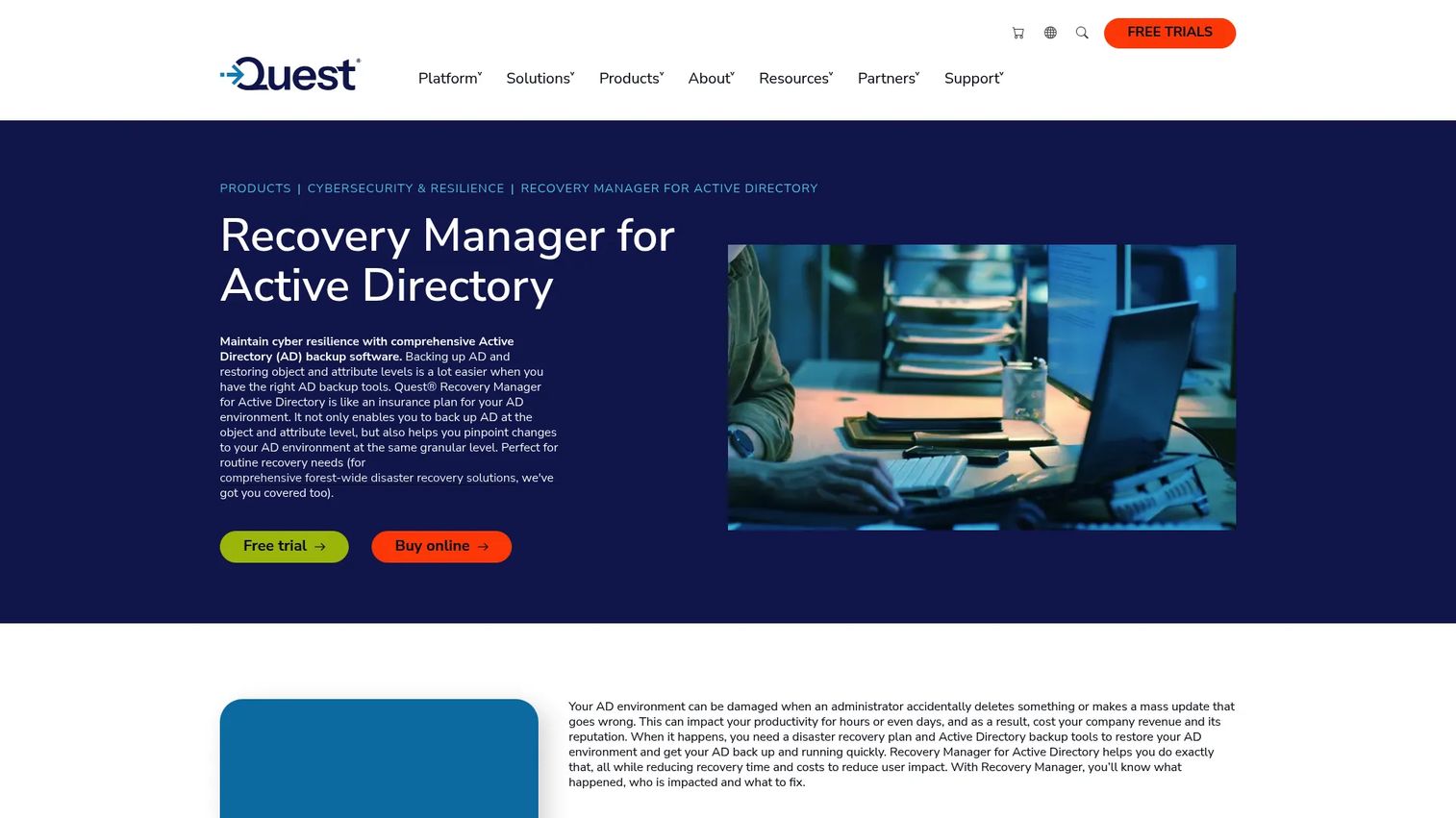 Quest Recovery Manager for Active Directory product page showing forest recovery and identity recovery features