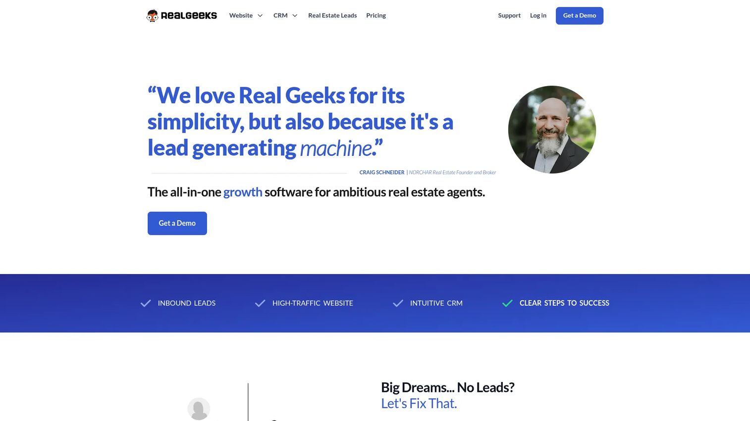 Real Geeks lead generation website and real estate CRM workflow