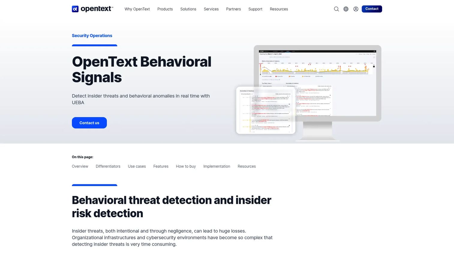 OpenText Behavioral Signals dashboard showing user behavior anomalies and risk signals