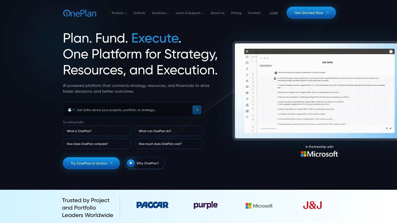 OnePlan portfolio management dashboard connected to Microsoft planning tools