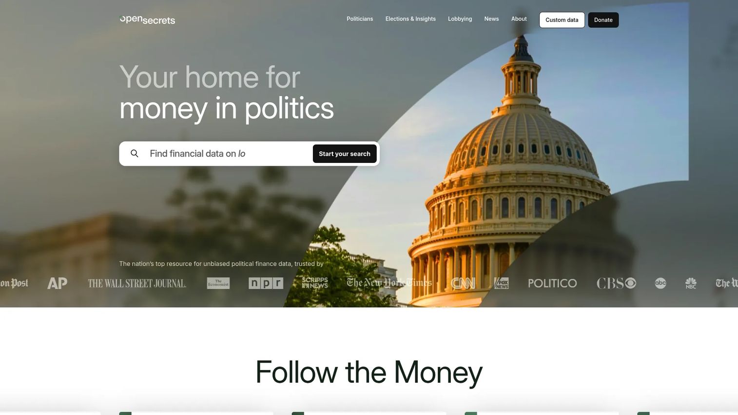 Open Secrets homepage showing campaign finance data and money in politics research