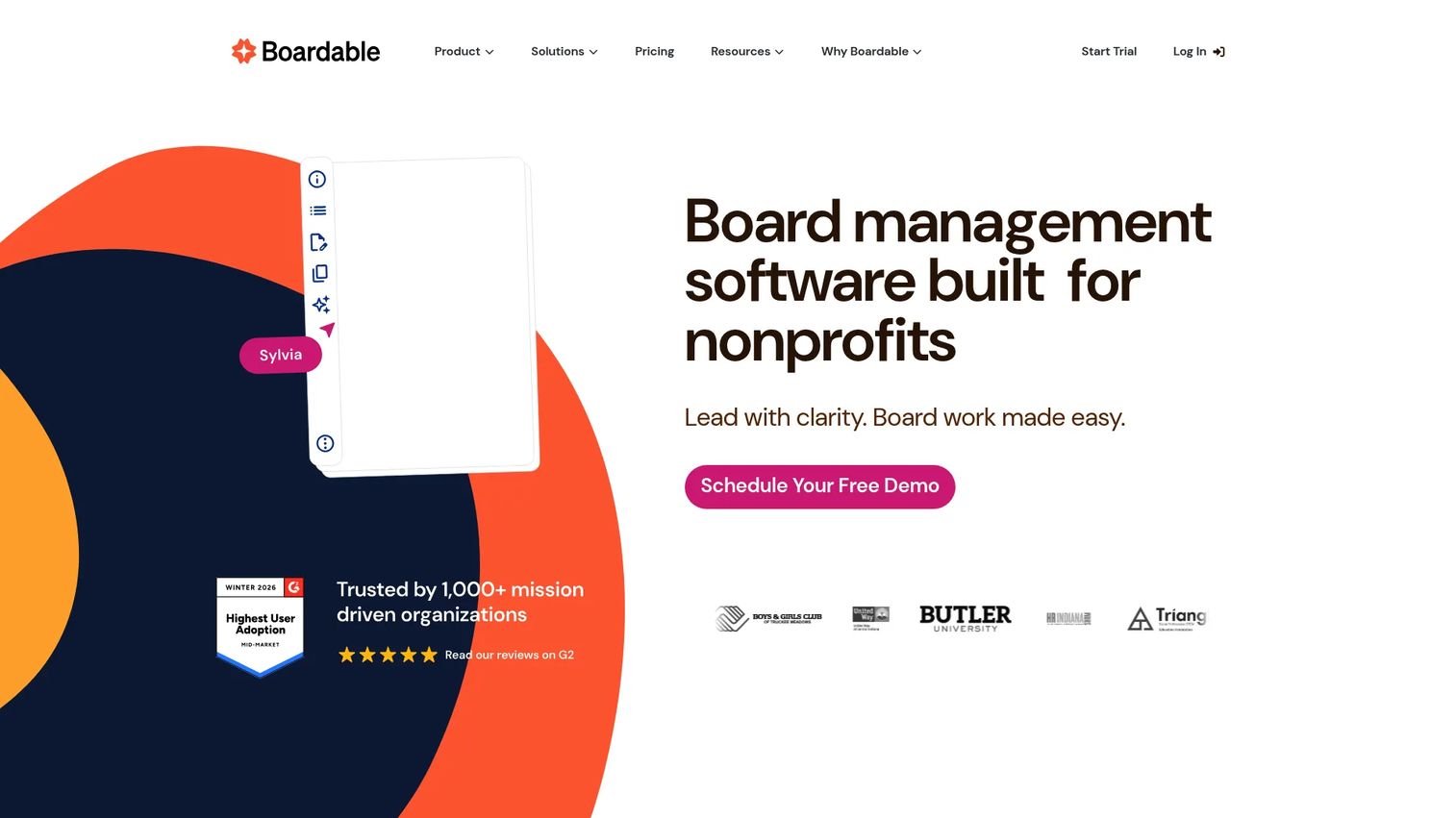 Boardable homepage screenshot showing nonprofit board meeting agenda and governance tools