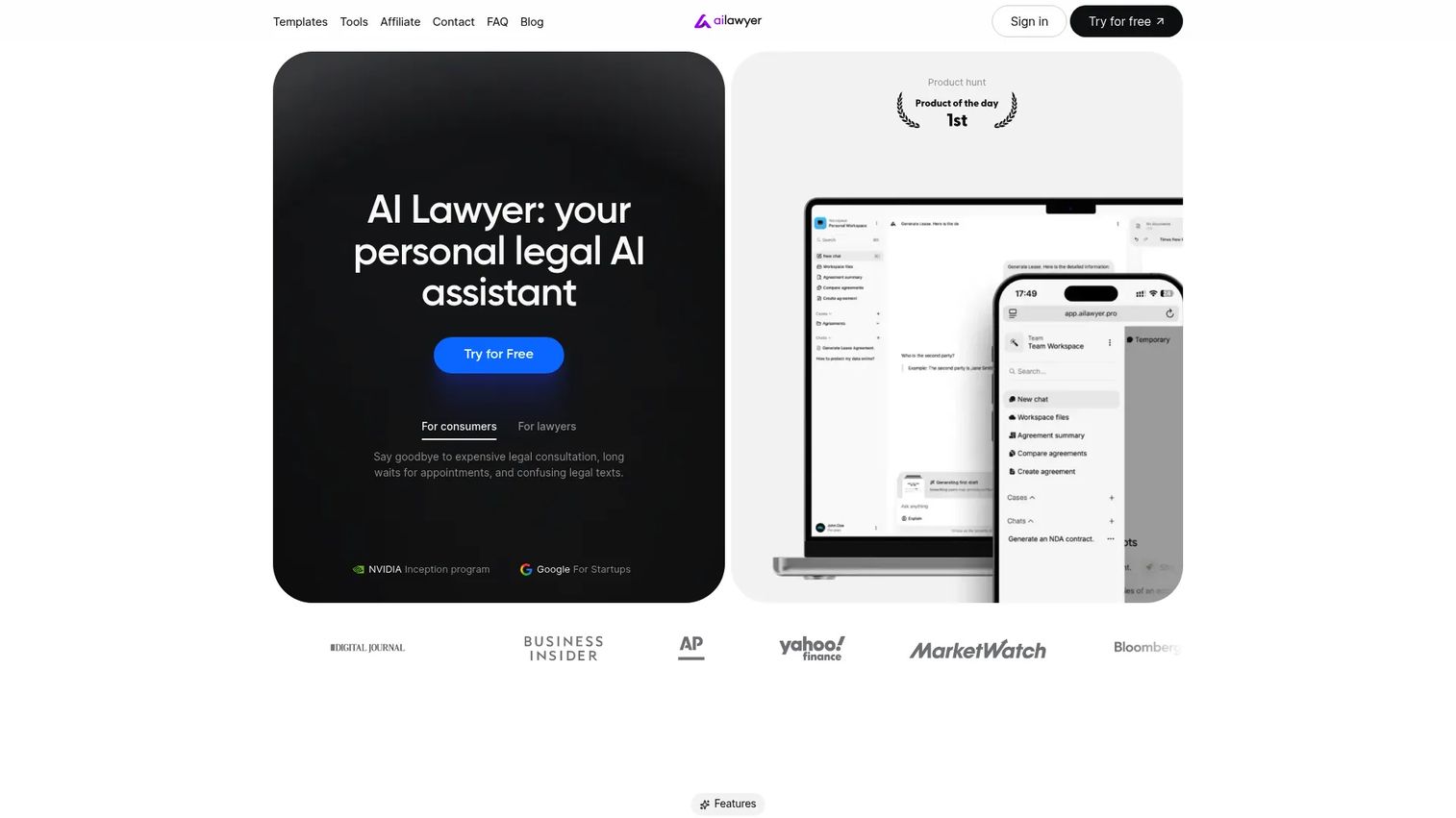 AI Lawyer homepage screenshot