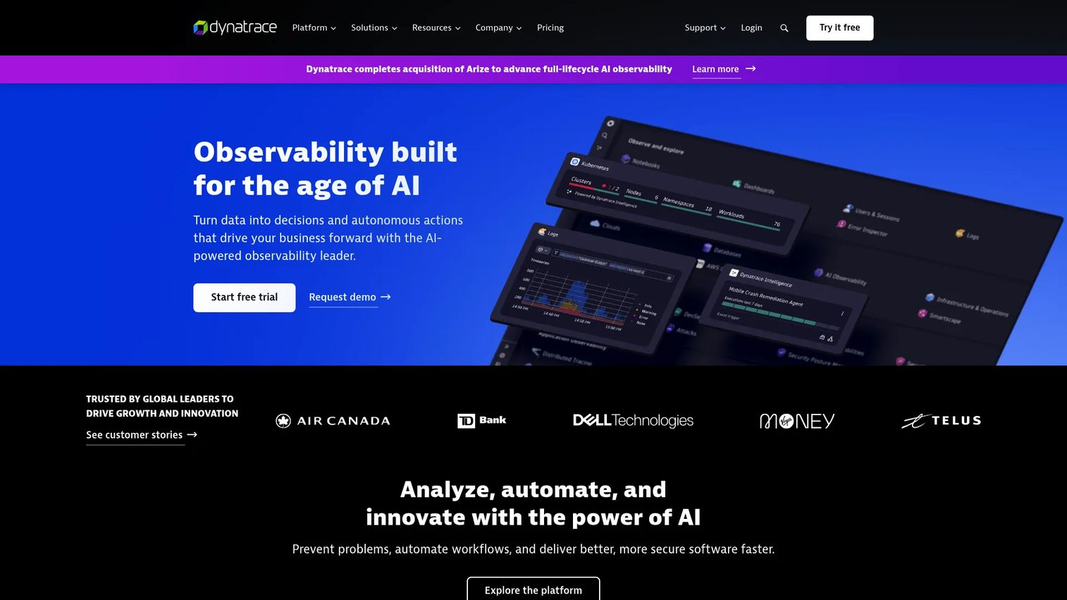 Dynatrace full-stack digital experience monitoring dashboard
