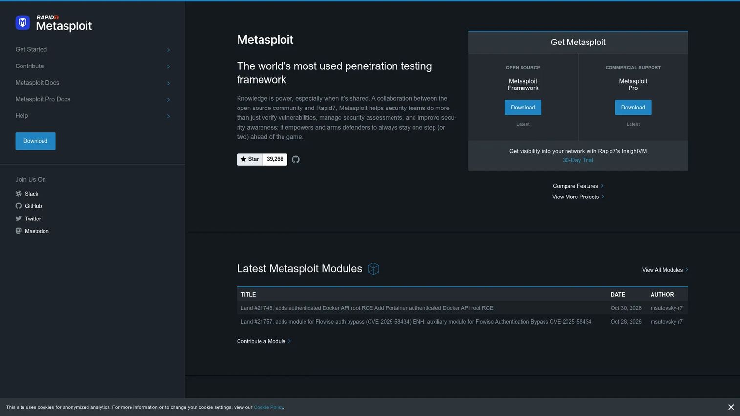 Metasploit penetration testing framework interface
