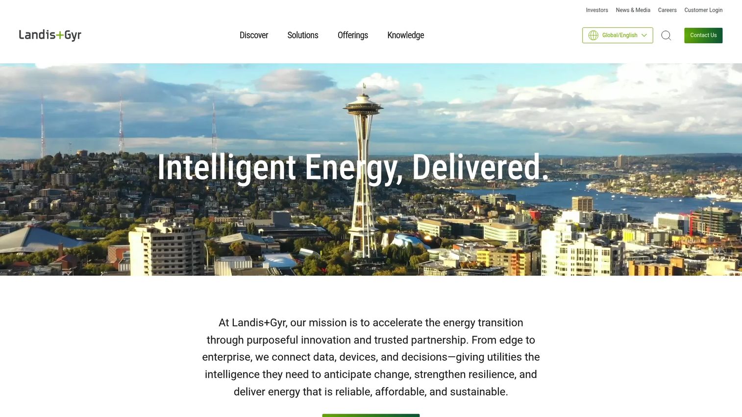 Landis+Gyr homepage showing smart metering and grid software offerings