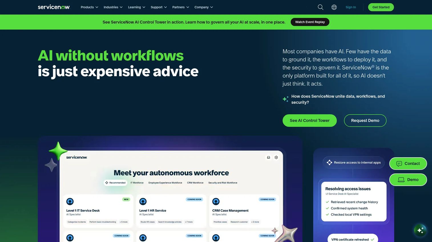 ServiceNow dashboard for IT operations and business workflow visibility
