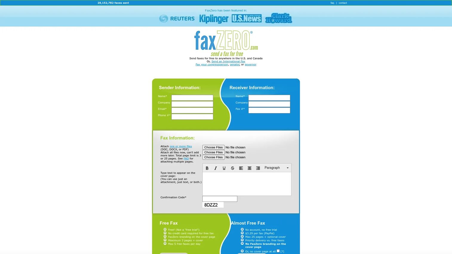 FaxZero free online fax sending page