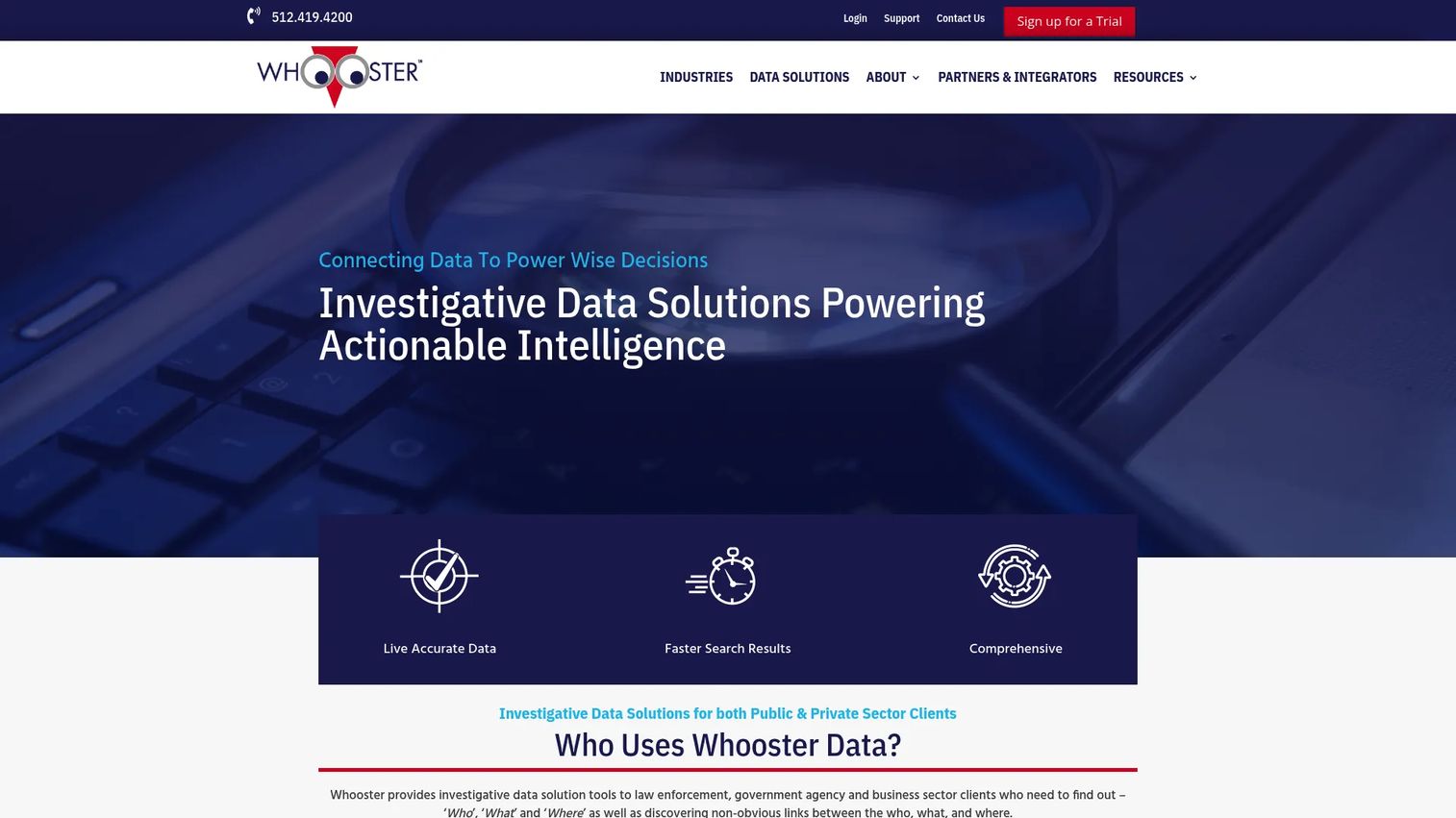 Whooster homepage showing investigative data solutions for identity research and OSINT investigations