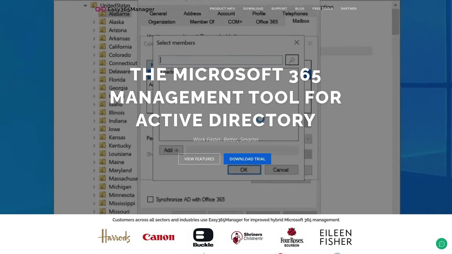 Easy365Manager interface inside Active Directory Users and Computers for Microsoft 365 management