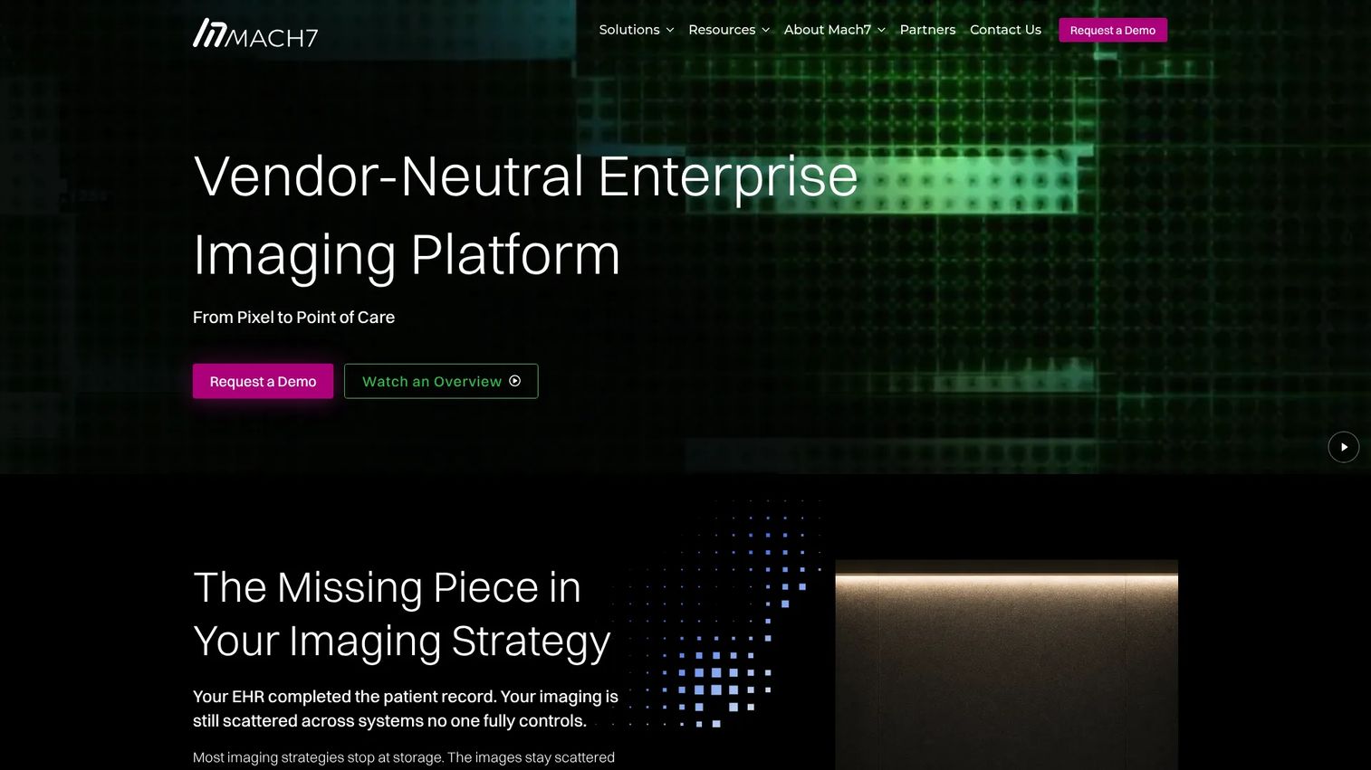 Mach7 Enterprise Imaging Platform homepage showing vendor-neutral imaging architecture