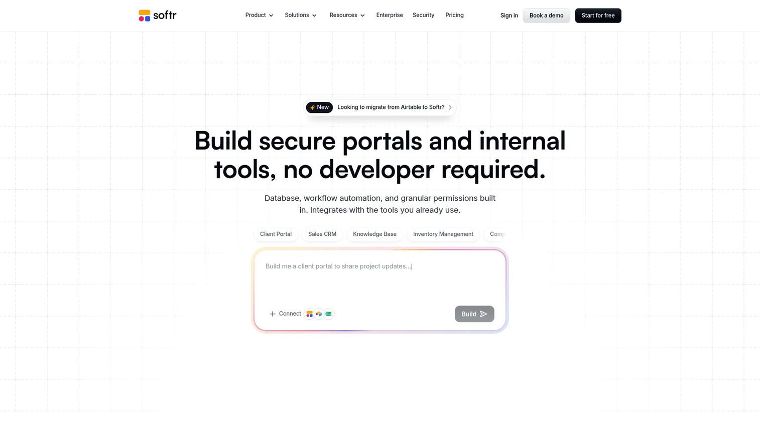Softr portal builder showing a client-facing app with database-backed blocks