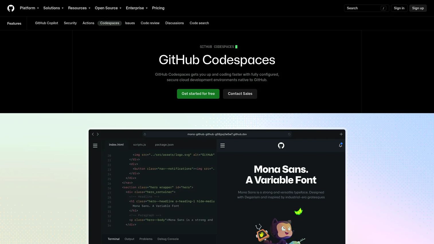 GitHub Codespaces showing a browser-based development environment connected to a repository