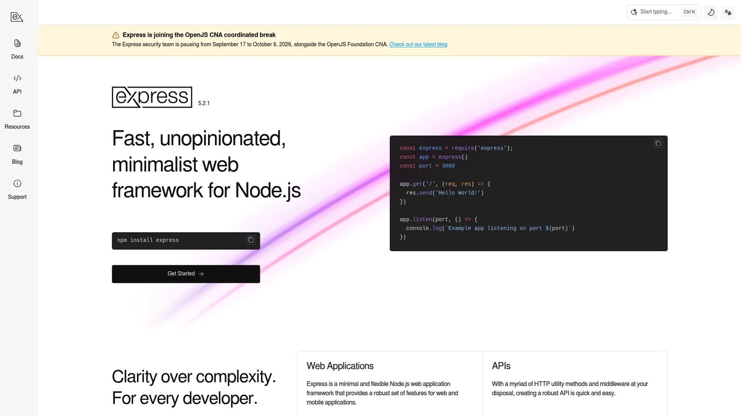 Express.js homepage screenshot