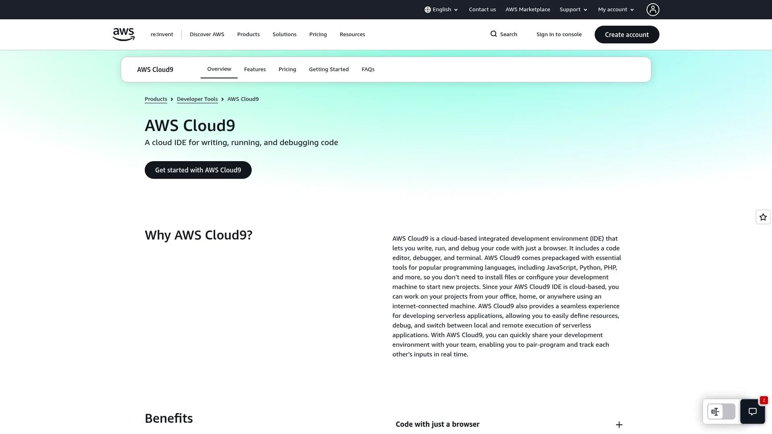 AWS Cloud9 cloud development environment with terminal and project files