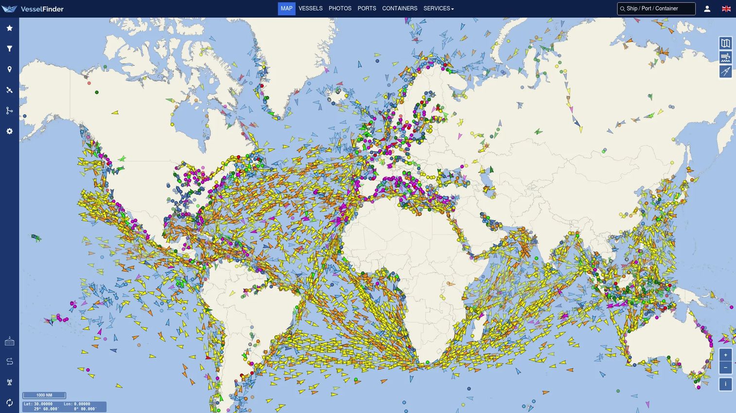 VesselFinder map with live vessel tracking and nautical chart layers