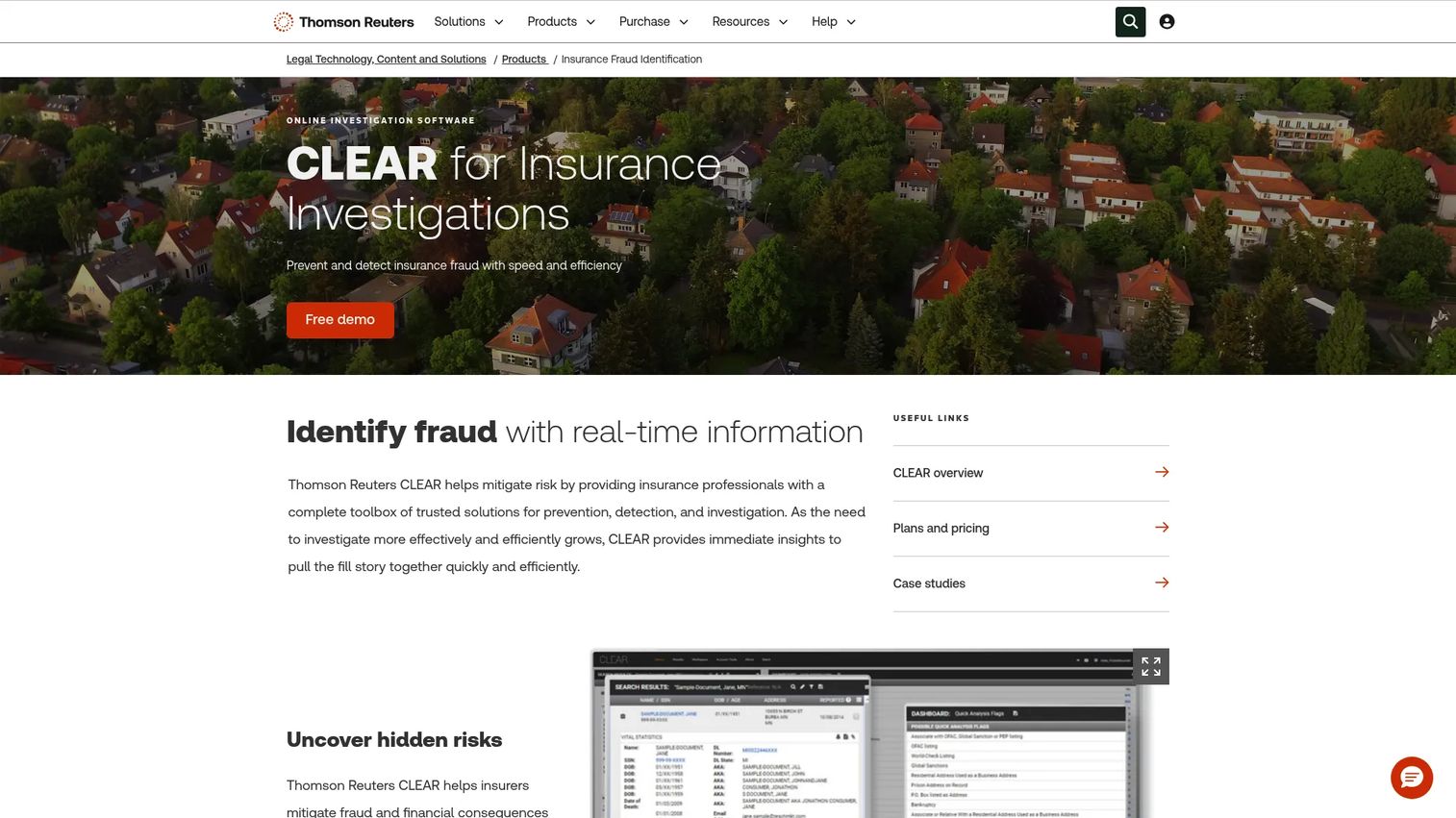 CLEAR by Thomson Reuters homepage showing insurance fraud investigation and identity research tools
