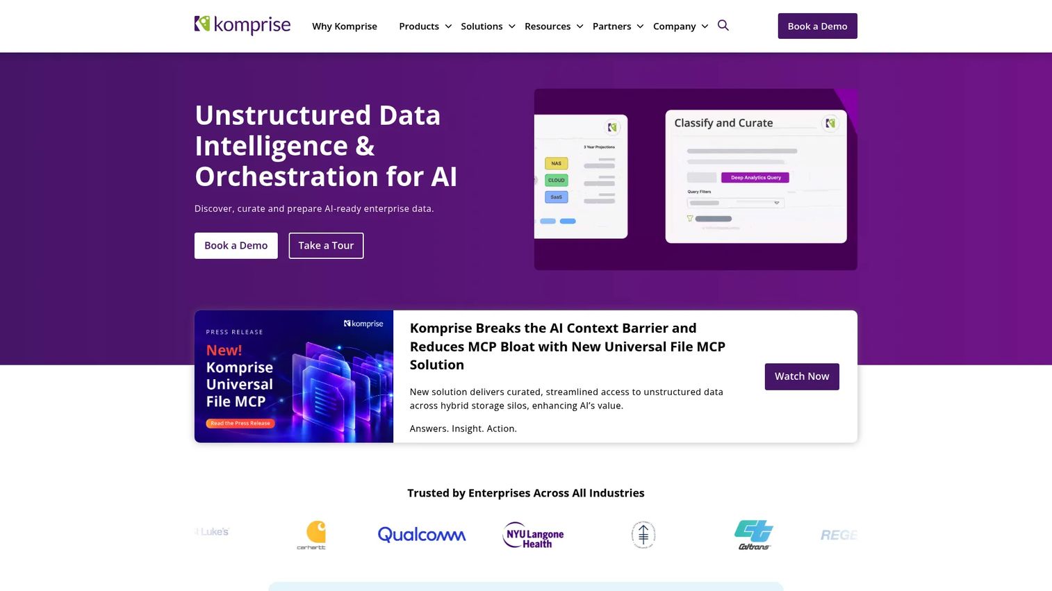 Komprise Intelligent Data Management dashboard showing unstructured data analysis and lifecycle actions.