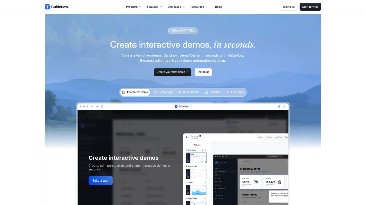Guideflow homepage screenshot showing the interactive demo platform