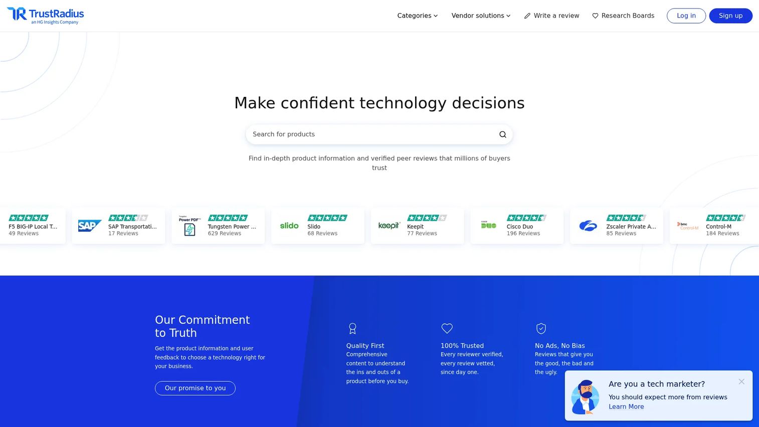 TrustRadius product review page with detailed B2B software reviews and buyer insights