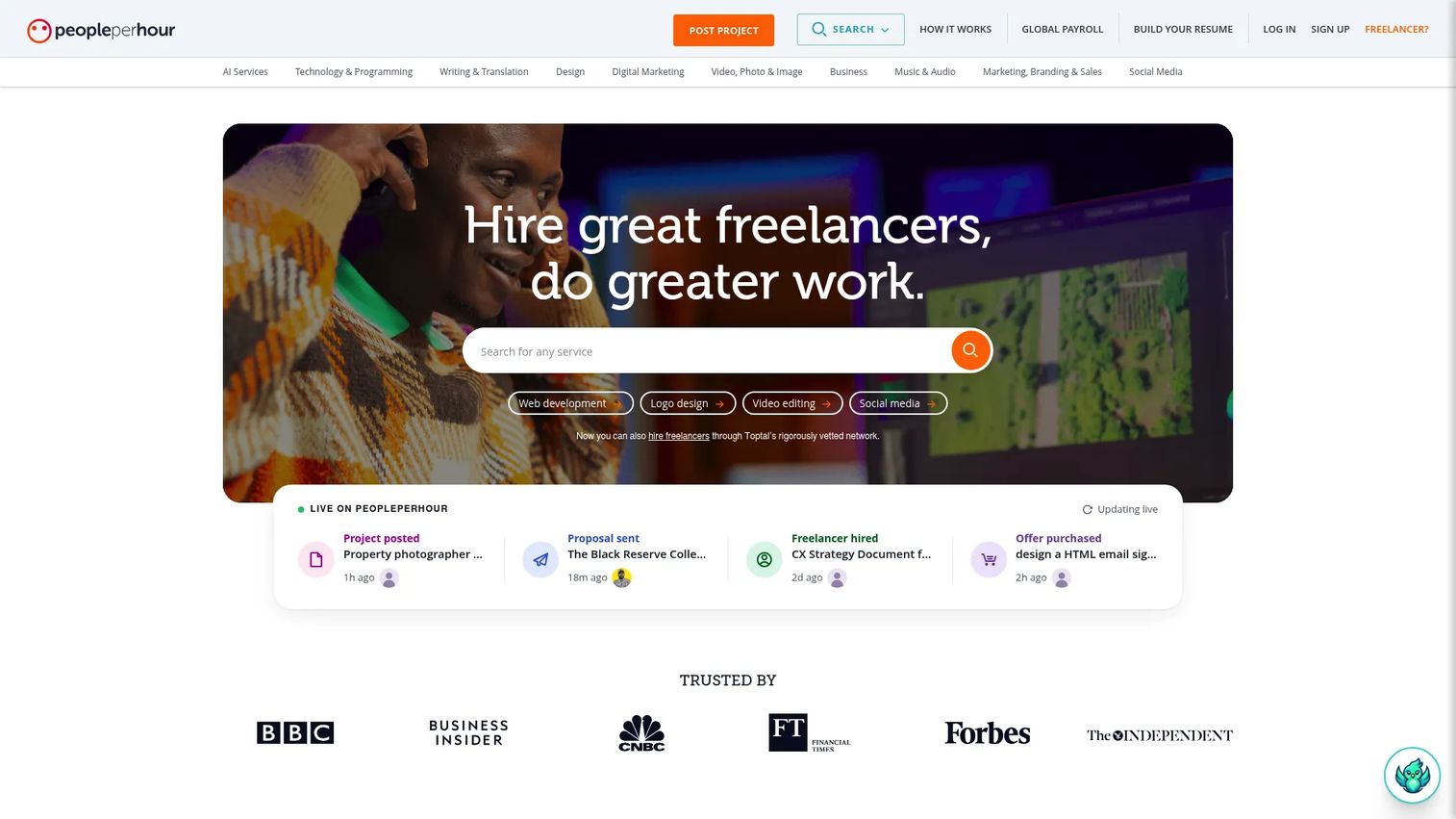 PeoplePerHour homepage screenshot