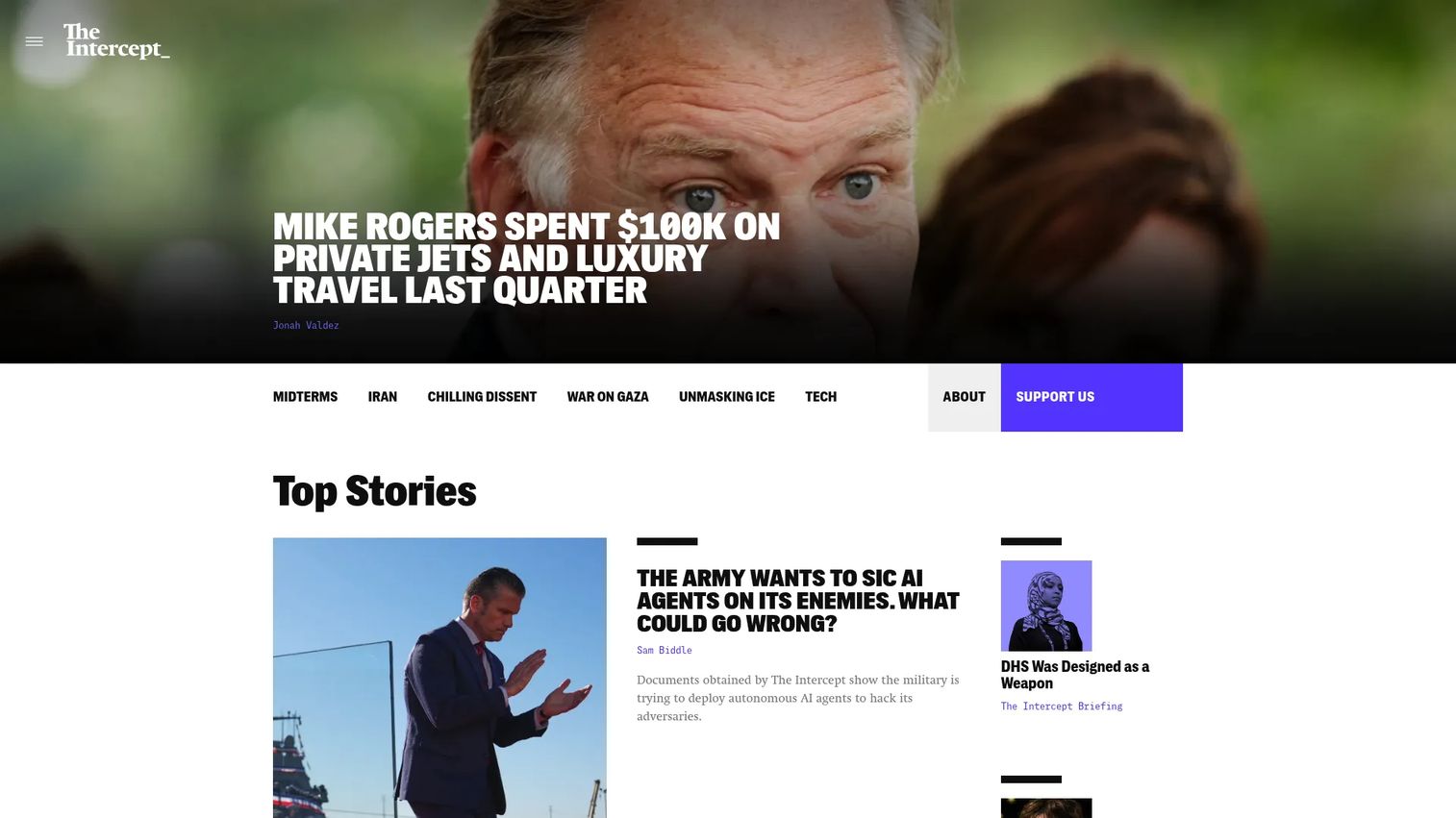 The Intercept homepage showing investigative journalism on national security and accountability