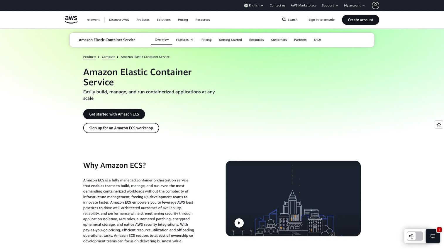 Amazon Elastic Container Service console showing a containerized application service.