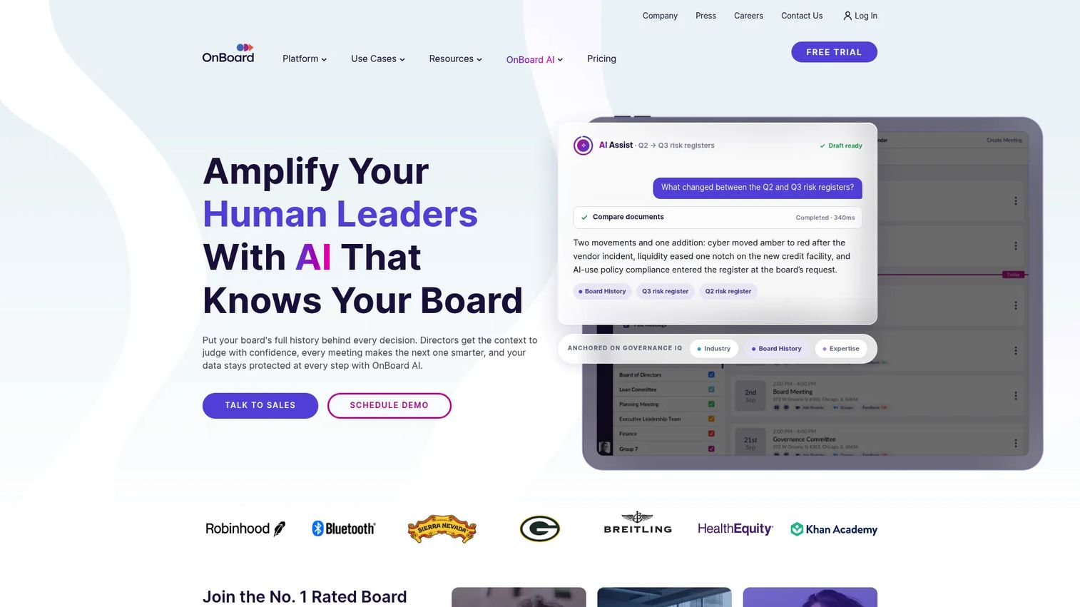 OnBoard homepage screenshot showing board portal with agenda management and voting workflow