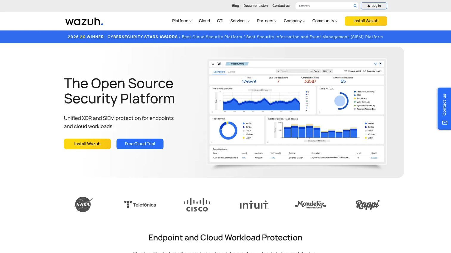 Wazuh open-source SIEM and XDR platform homepage