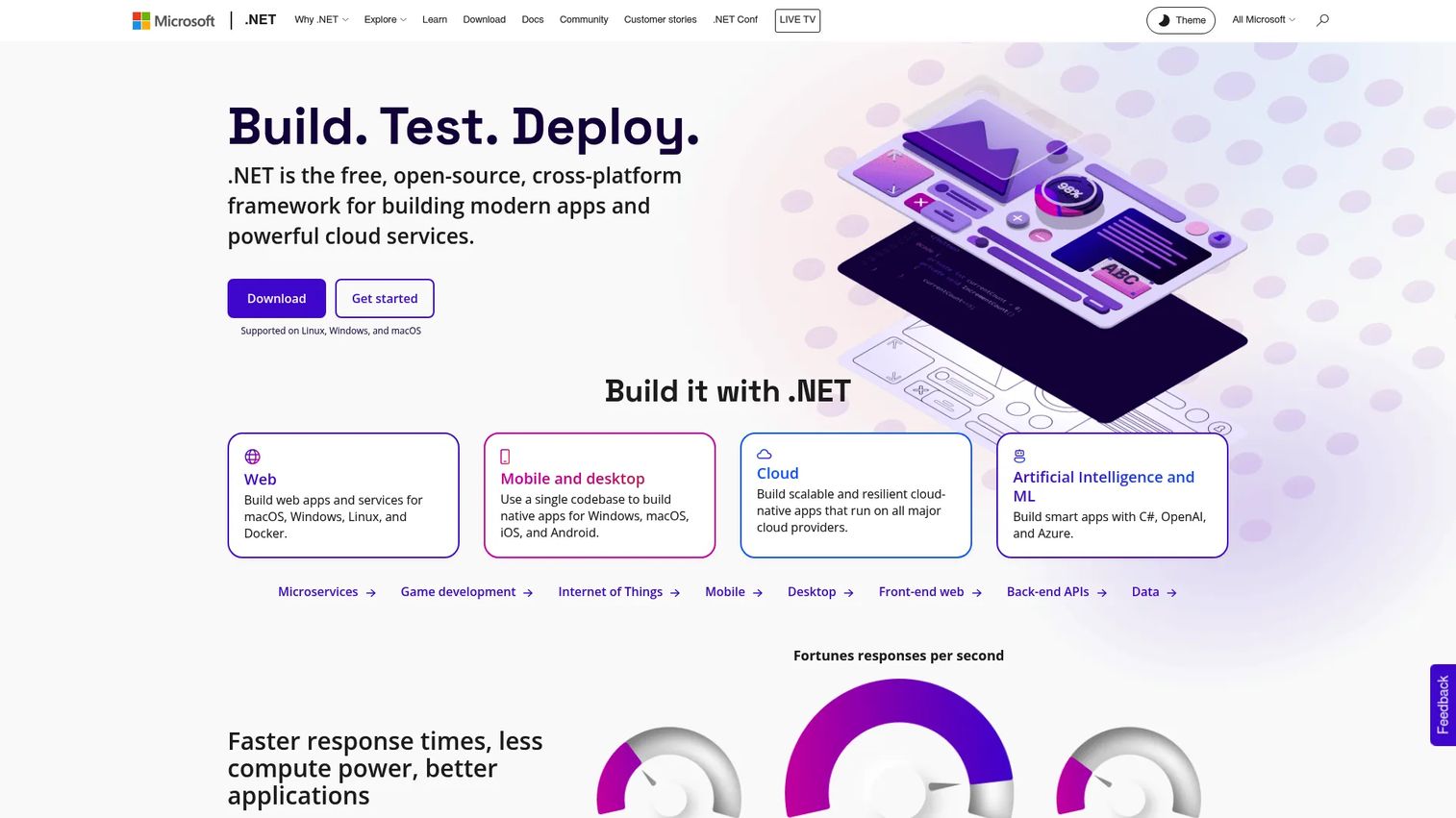 .NET runtime homepage showing Microsoft