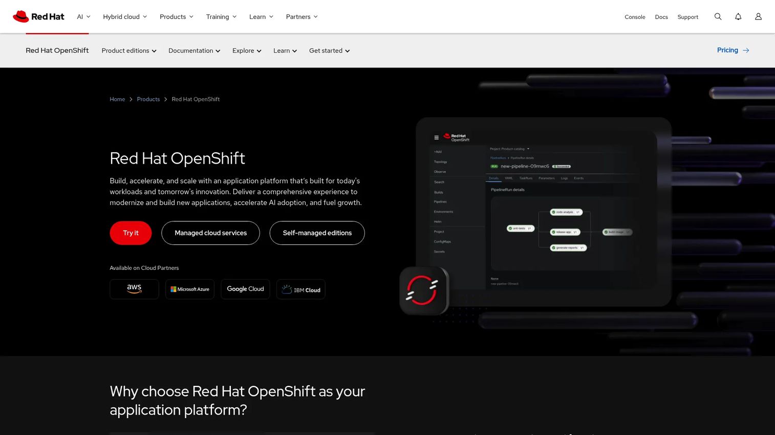 Red Hat OpenShift console for managing containerized applications on Kubernetes.
