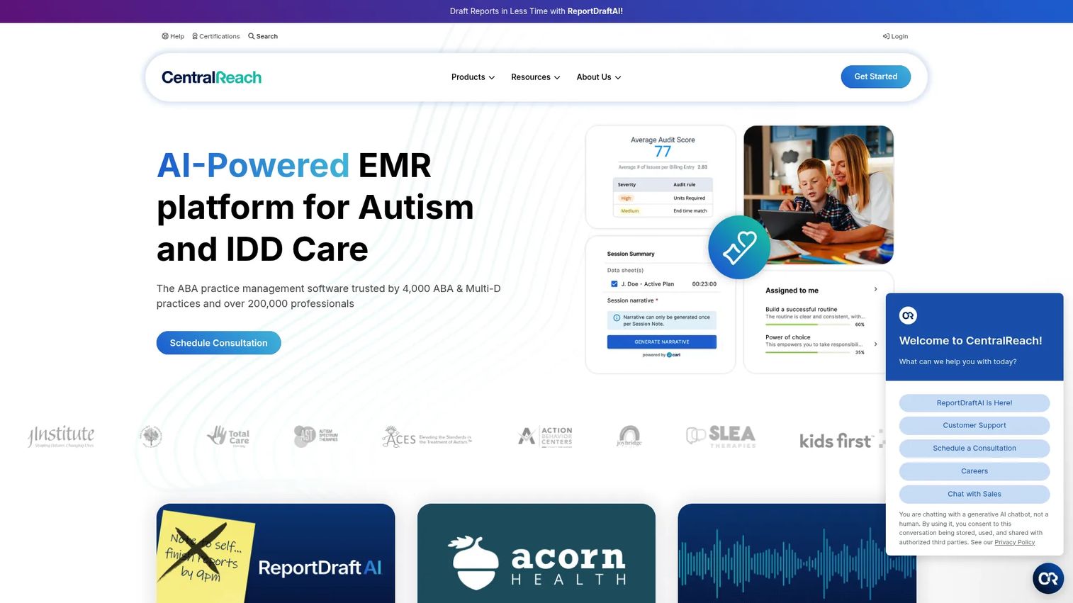 CentralReach homepage screenshot