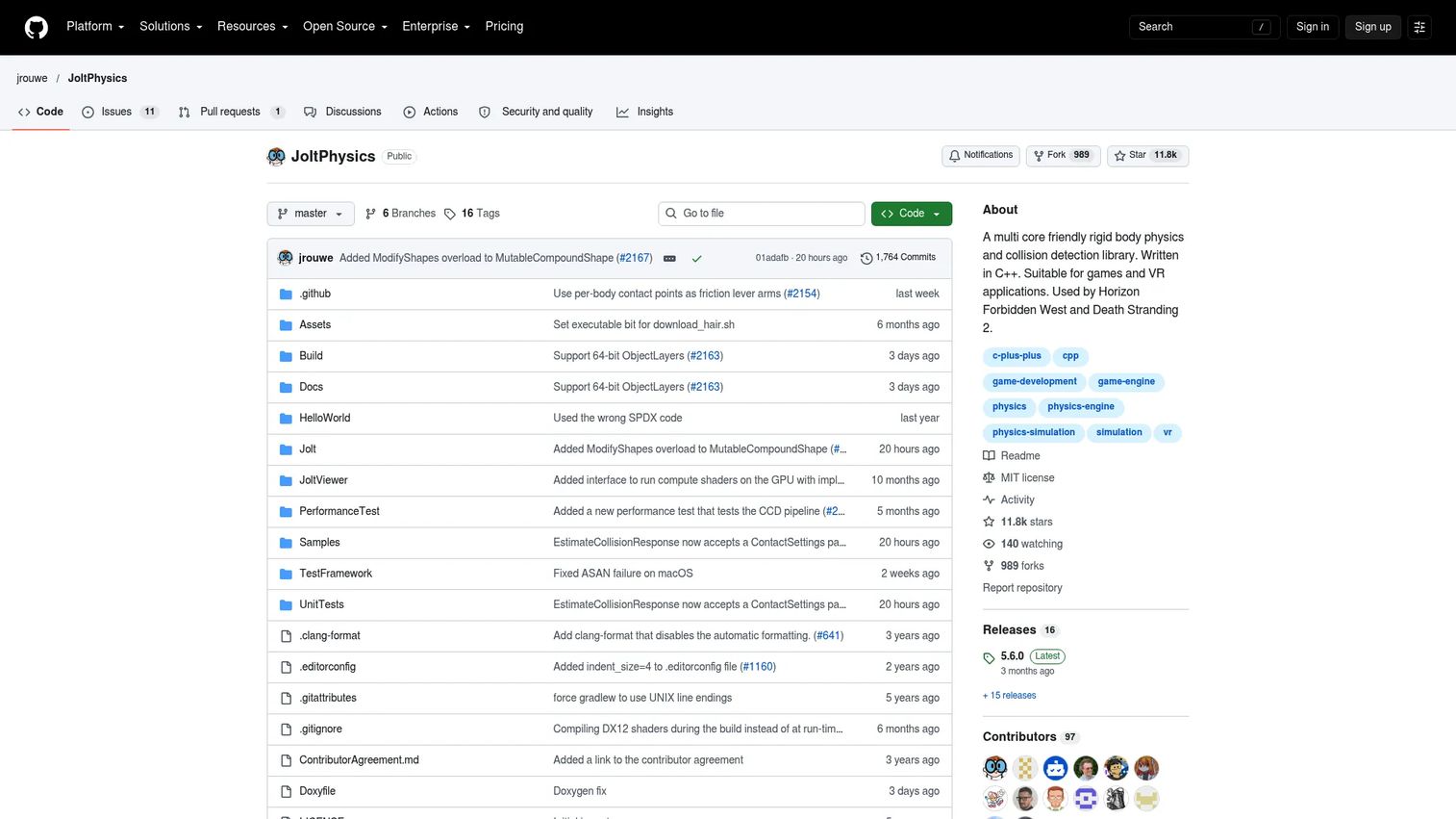 Jolt Physics GitHub repository screenshot