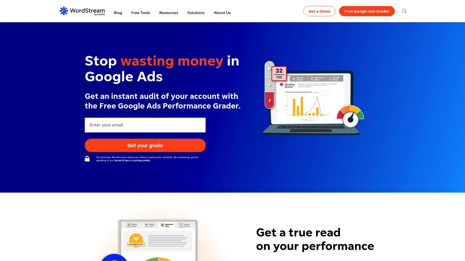 WordStream PPC recommendations and account grading interface