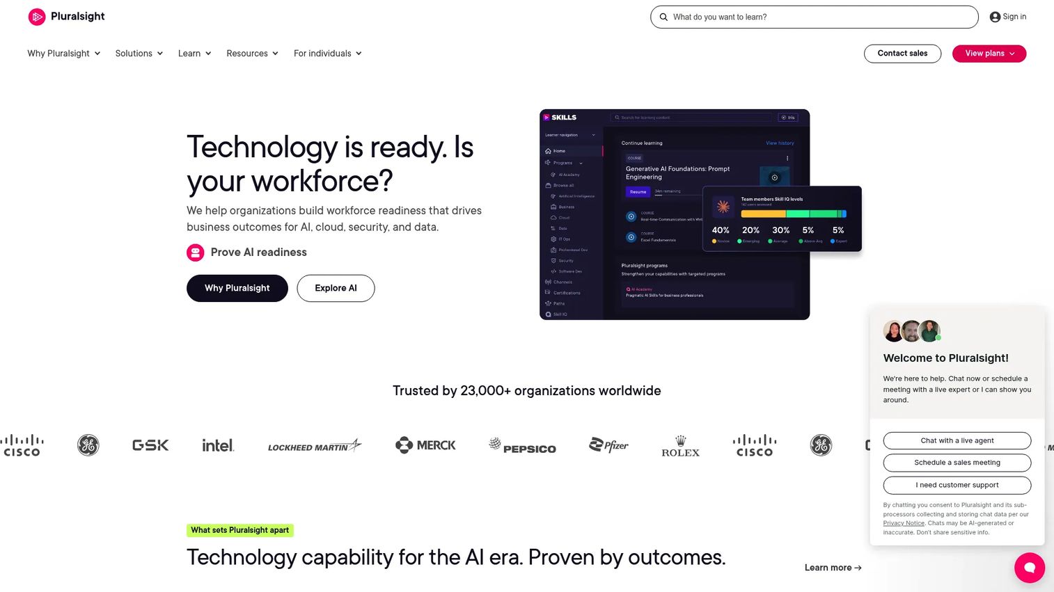 Pluralsight homepage screenshot showing the skills assessment and learning path dashboard