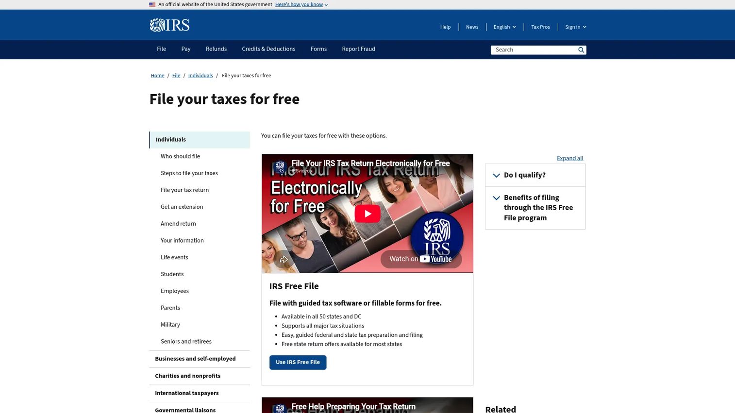 IRS Free File program page