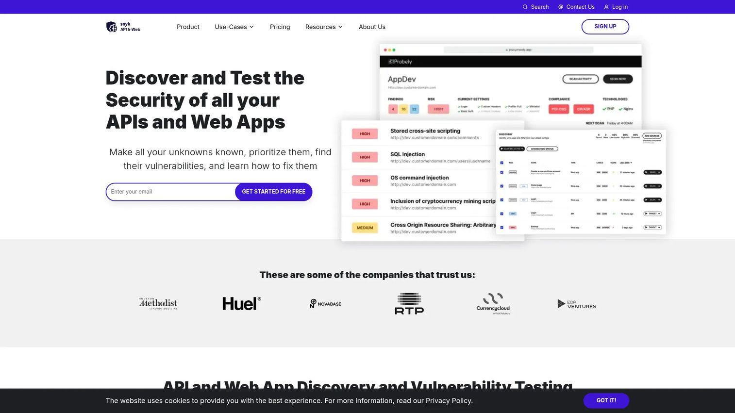 Probely DAST platform showing web and API vulnerability scan results