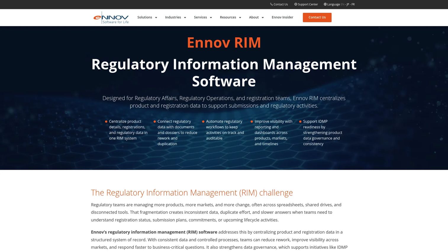 Ennov RIM dashboard for product registrations, regulatory activities, and reporting