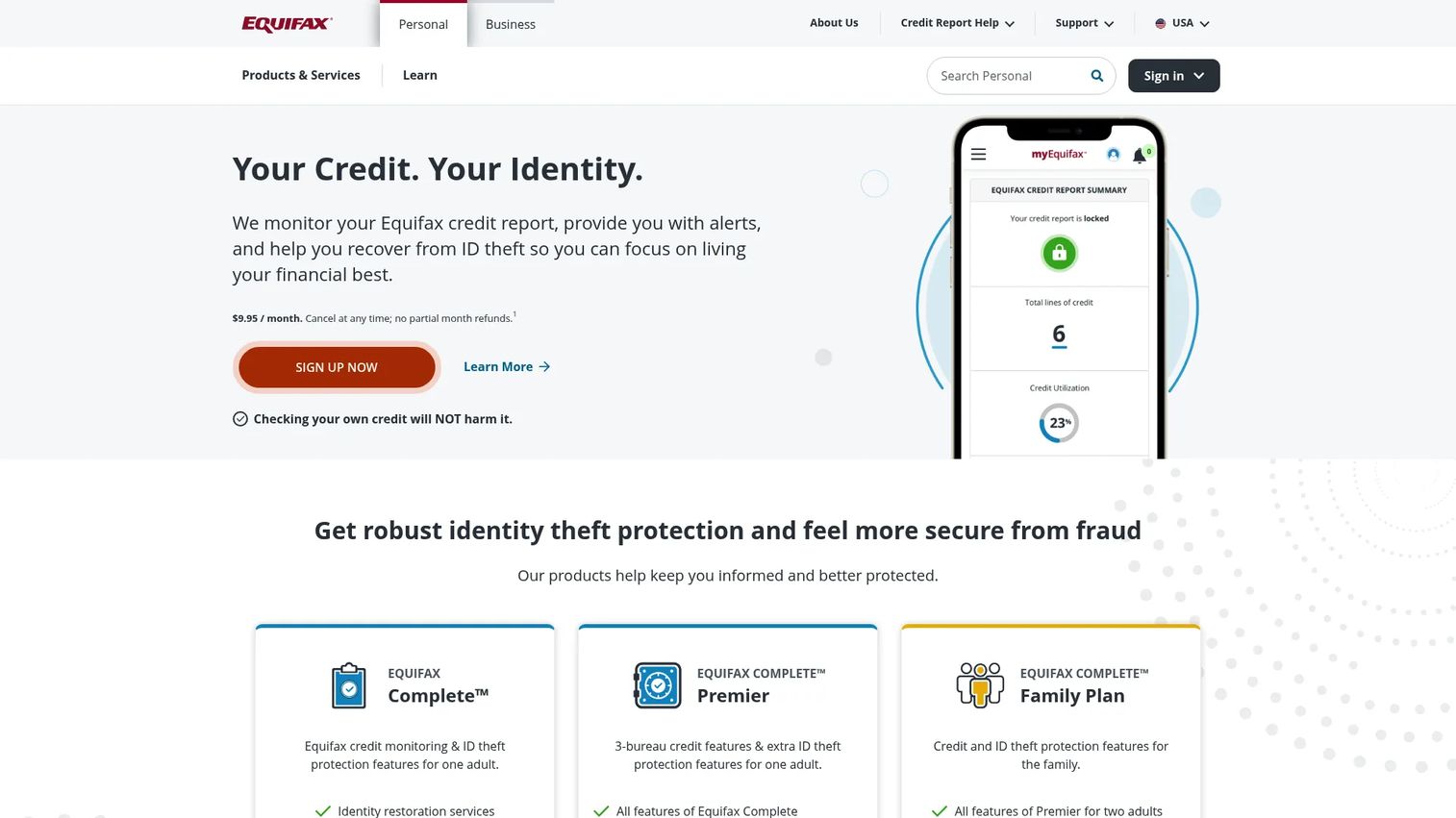 Equifax identity monitoring and credit protection interface