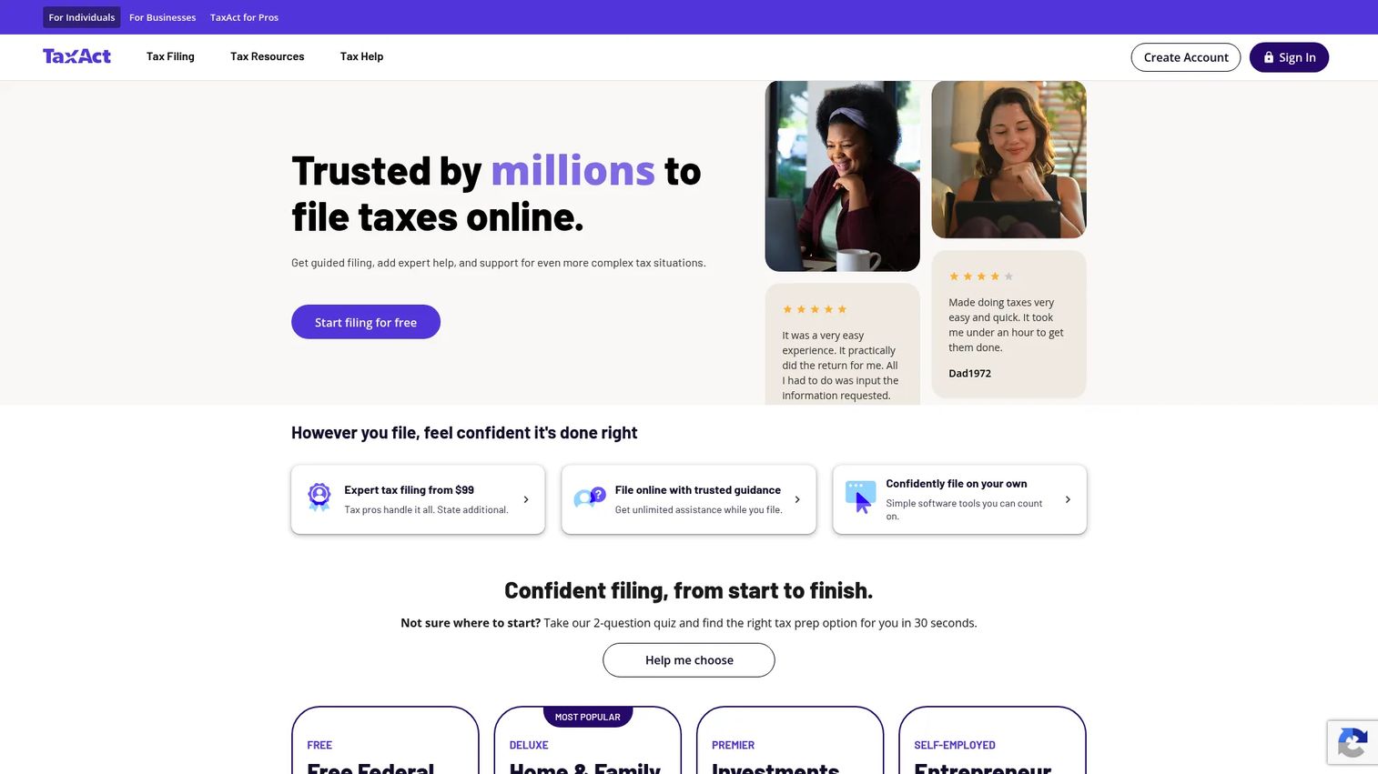 TaxAct online tax filing plans