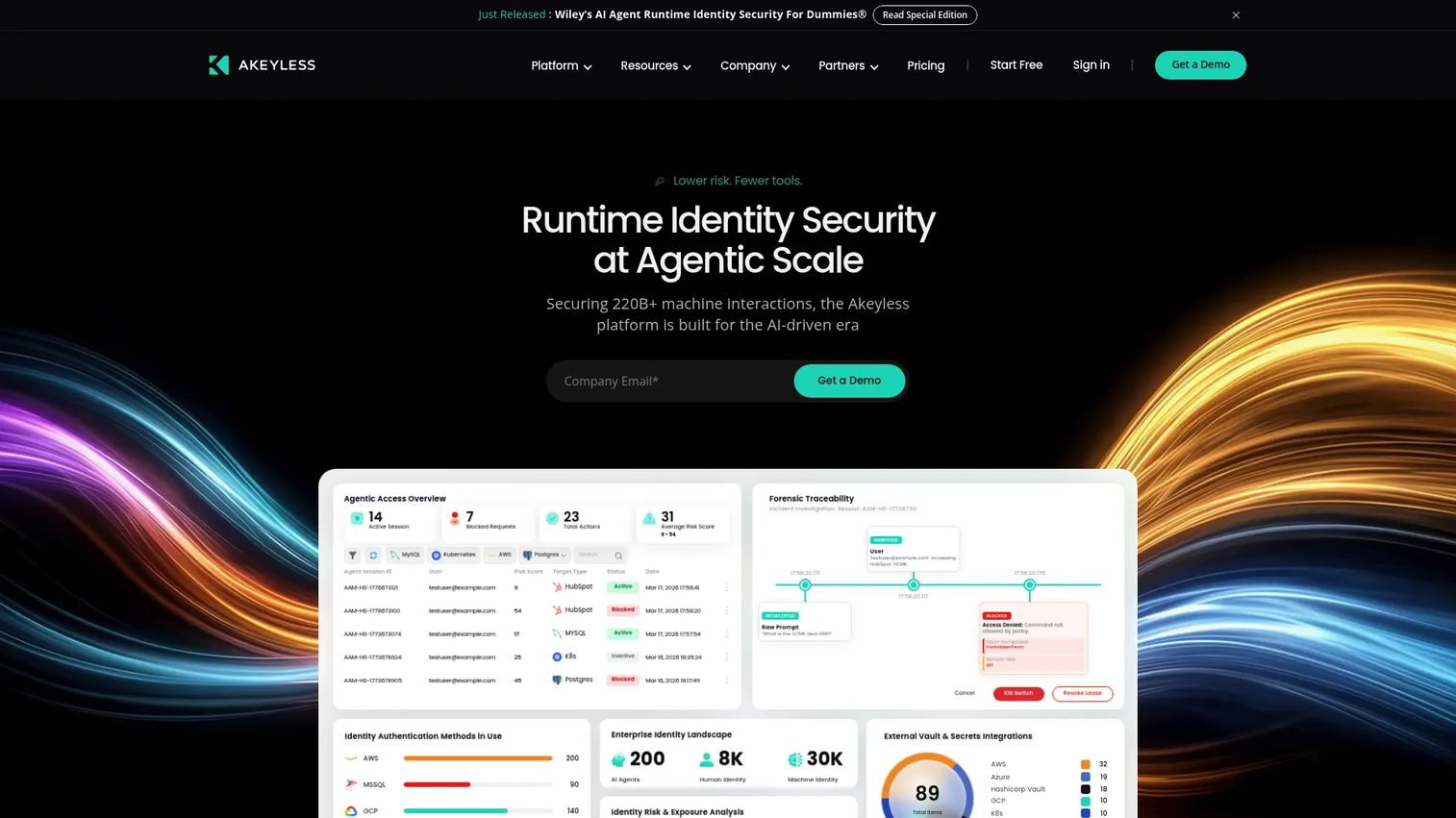 Akeyless Vault homepage showing cloud-native secrets and key management interface
