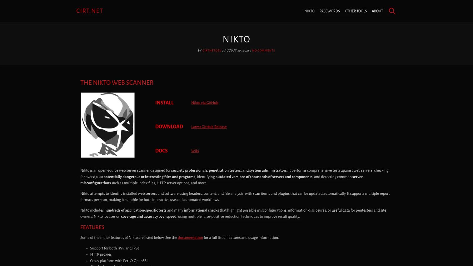 Nikto command-line web server security scanner output