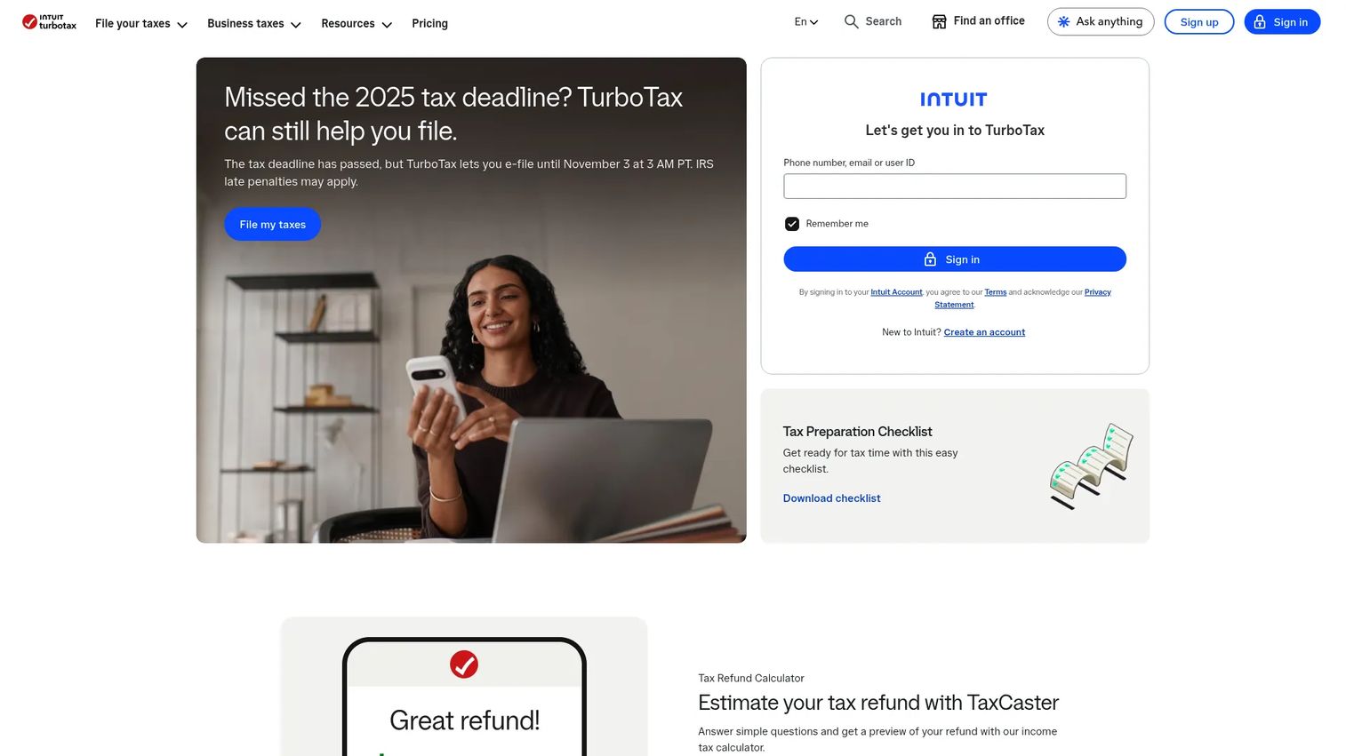 TurboTax online tax filing dashboard