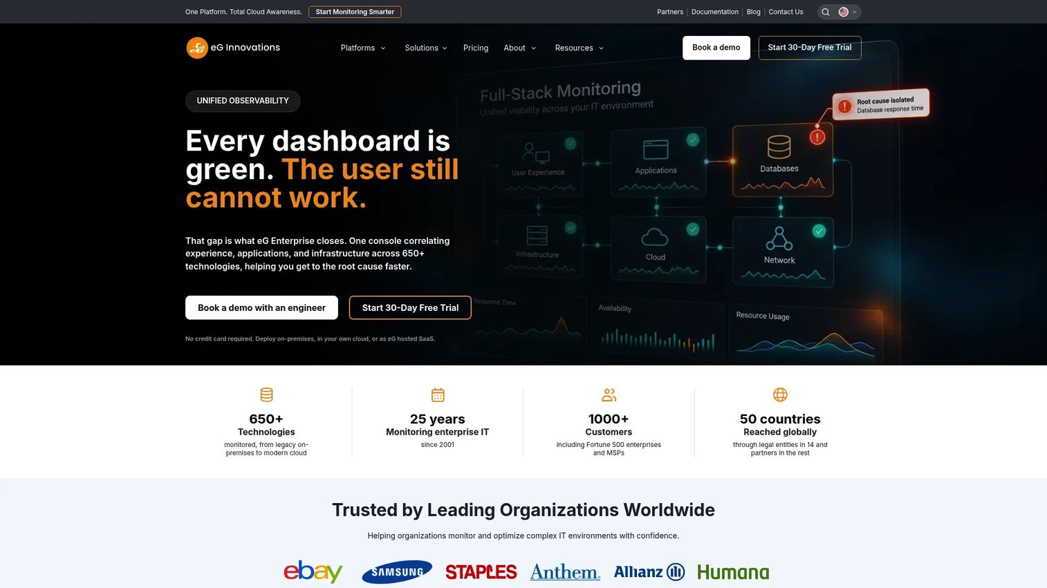 eG Enterprise digital experience monitoring dashboard
