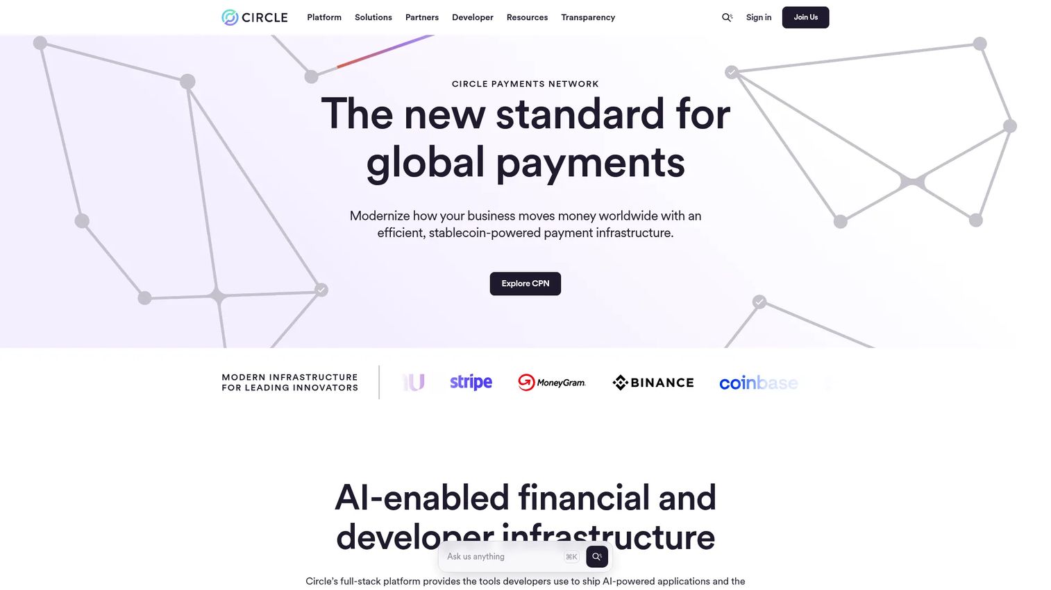 Circle stablecoin infrastructure homepage