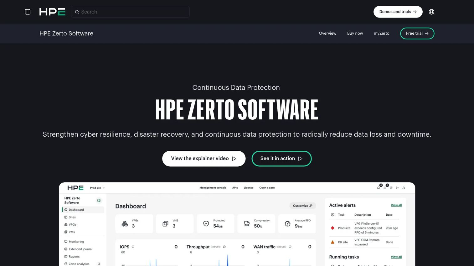HPE Zerto Software product page showing continuous data protection and recovery capabilities