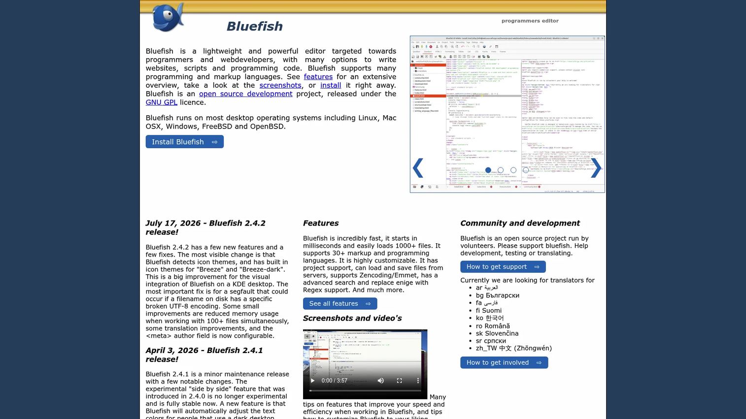Bluefish editor showing HTML and web development files