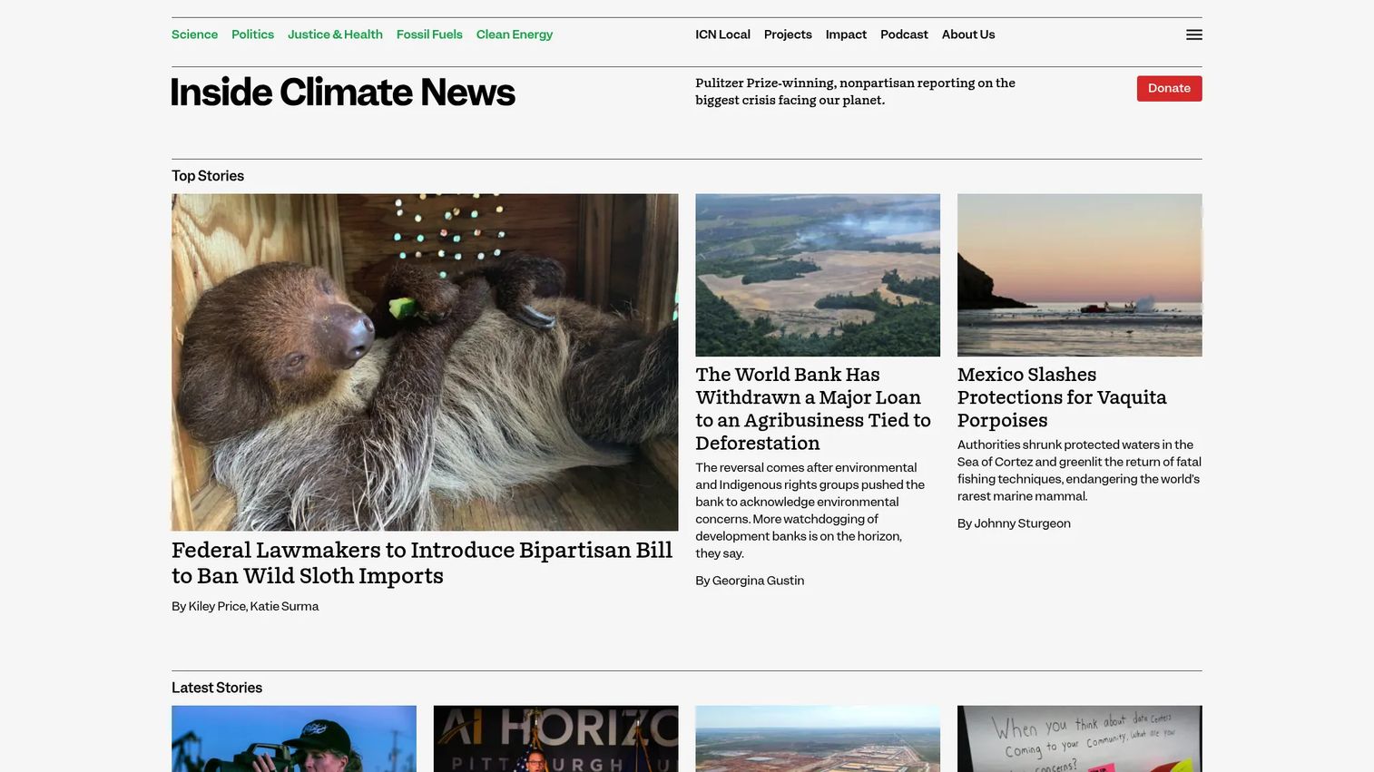 Inside Climate News homepage showing climate journalism and environmental reporting