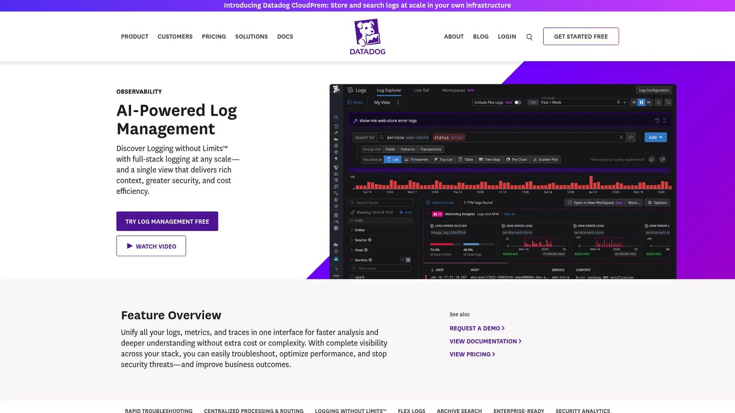 Datadog Log Management interface showing log search and pipeline processing